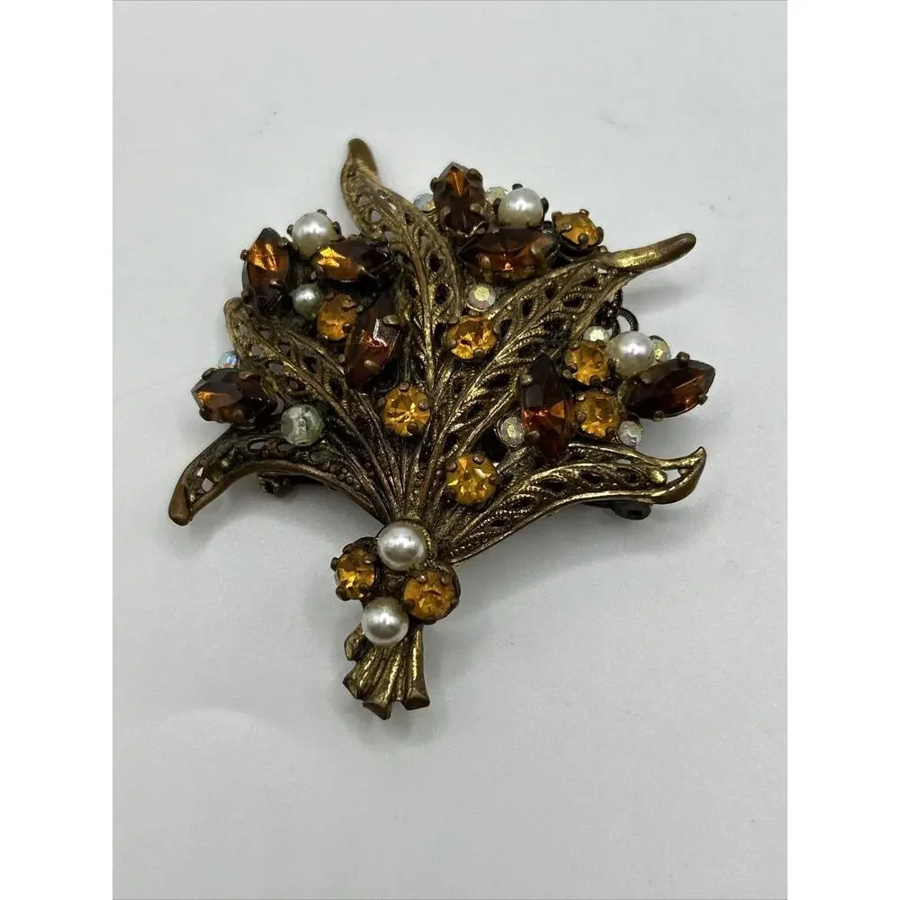 Vintage Floral Bouquet Brown Rhinestone‎ Faux Pearl Gold Tone Brooch Pin